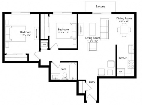 Floor plan for 2 beds, 1 bath, 821 sqft